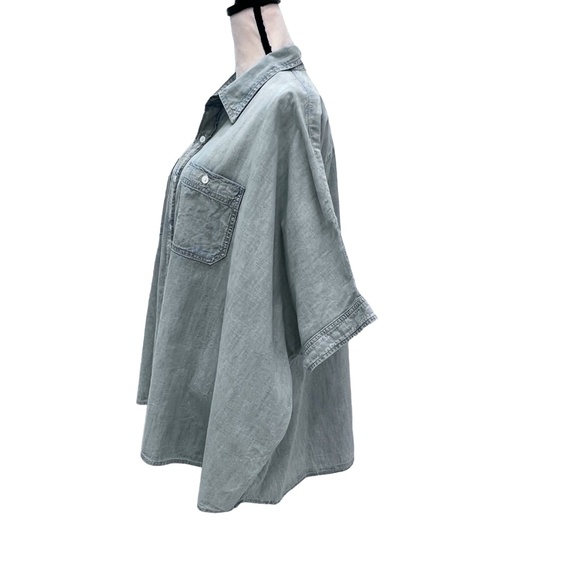 R13 FADED DENIM BLUE OVERSIZED BOXY BUTTON UP SHORT SLEEVE SHIRT - Picture 12 of 16